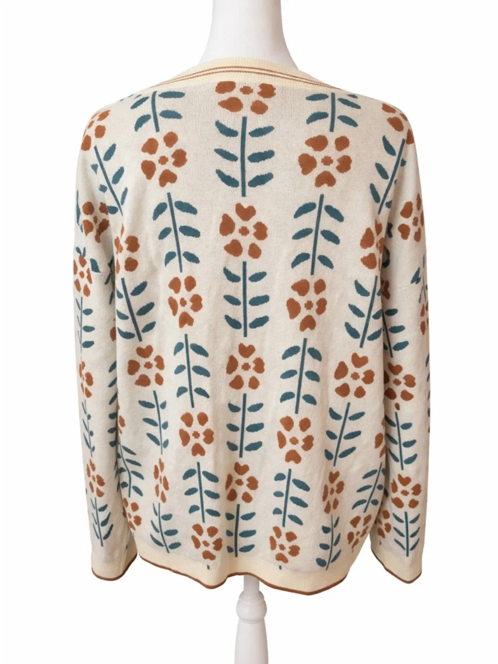 Cream Floral V-Neck Button Cardigan Sweater - Picture 3 of 4